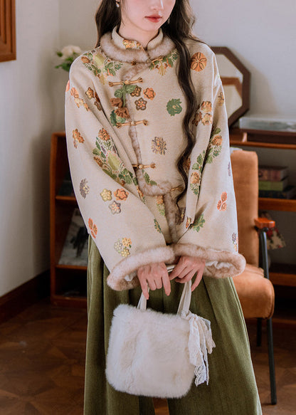 Jacquard Apricot Stand Collar Patchwork Warm Fleece Parka Winter