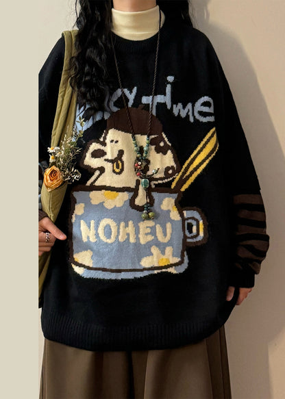 Jacquard Black Asymmetrical Striped Patchwork False Two Pieces Knit Sweaters Spring