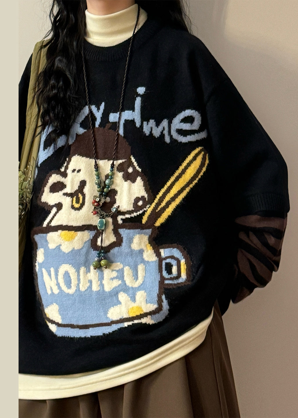 Jacquard Black Asymmetrical Striped Patchwork False Two Pieces Knit Sweaters Spring