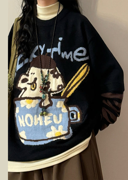 Jacquard Black Asymmetrical Striped Patchwork False Two Pieces Knit Sweaters Spring