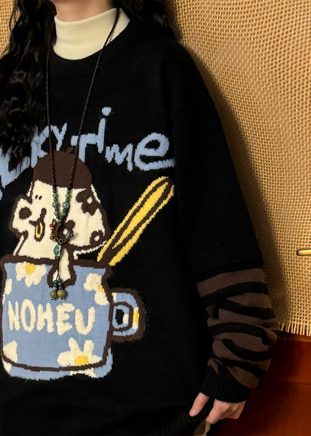 Jacquard Black Asymmetrical Striped Patchwork False Two Pieces Knit Sweaters Spring