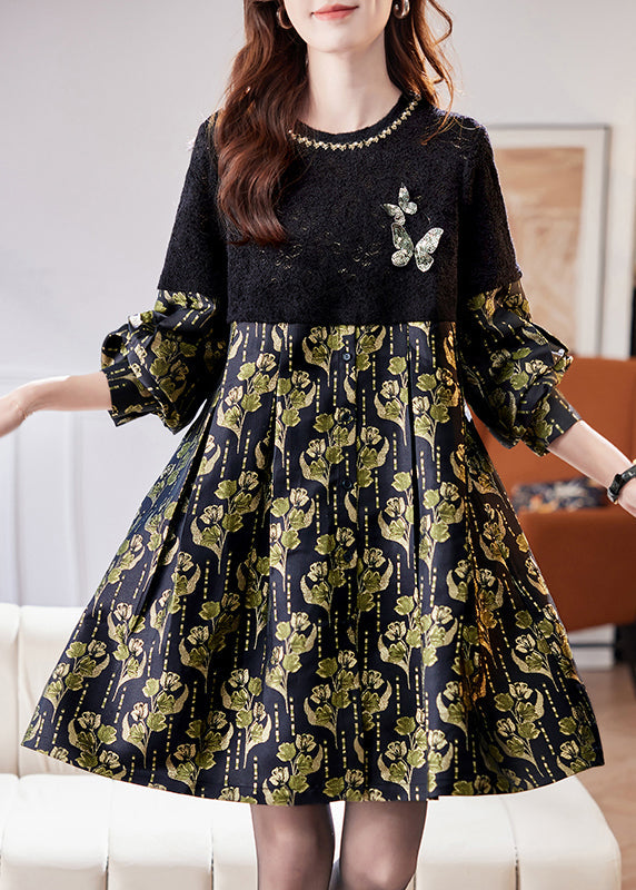 Vestido midi de primavera con lentejuelas y patchwork en negro ahuecado de Jacquard