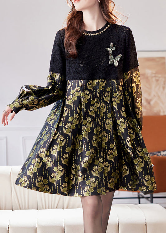 Schwarzes Jacquard-Pailletten-Mid-Kleid mit Lochmuster für den Frühling