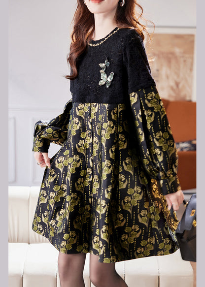 Vestido midi de primavera con lentejuelas y patchwork en negro ahuecado de Jacquard