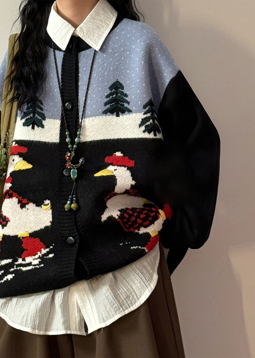 Jacquard Black O Neck Button Patchwork Knit Coats Spring