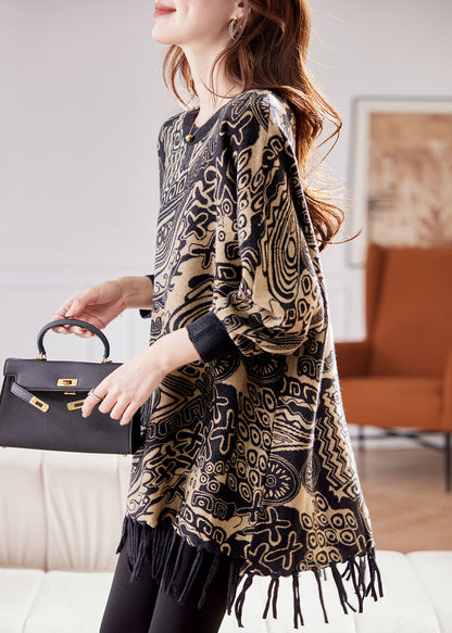 Jacquard Black O Neck Tasseled Knit Sweater Spring