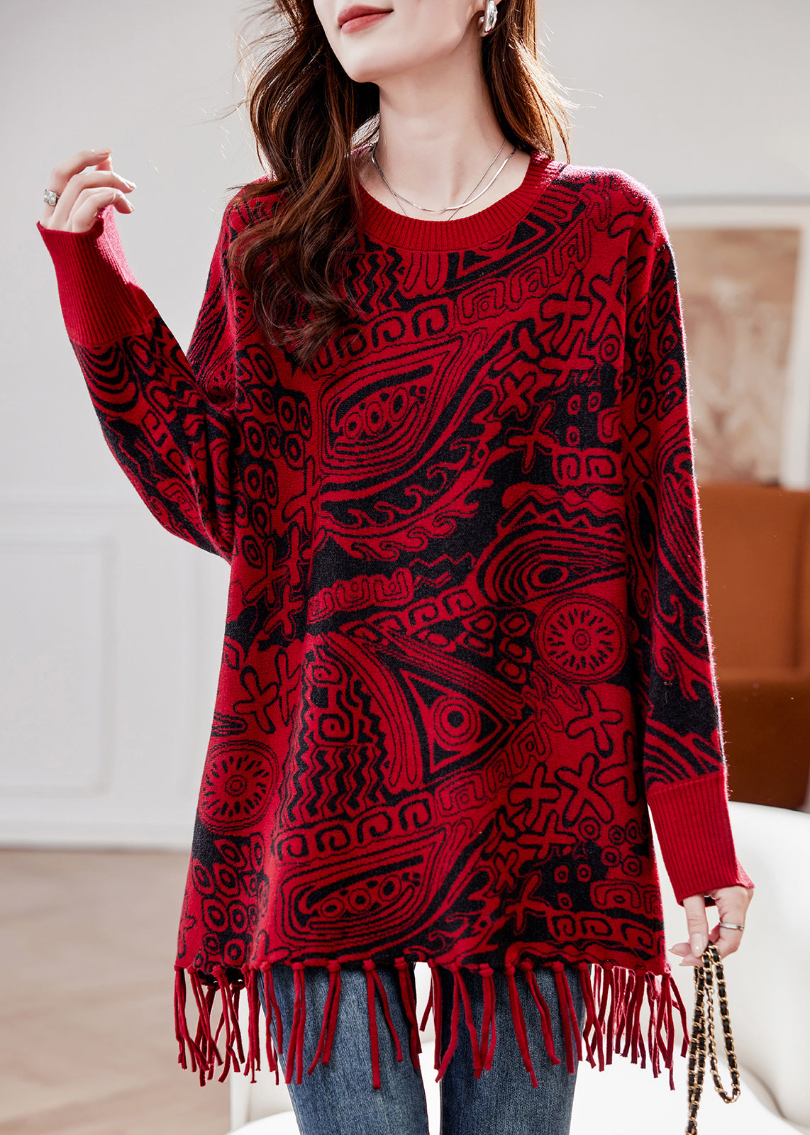 Jacquard Black O Neck Tasseled Knit Sweater Spring