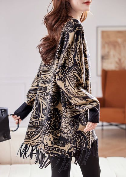 Jacquard Black O Neck Tasseled Knit Sweater Spring