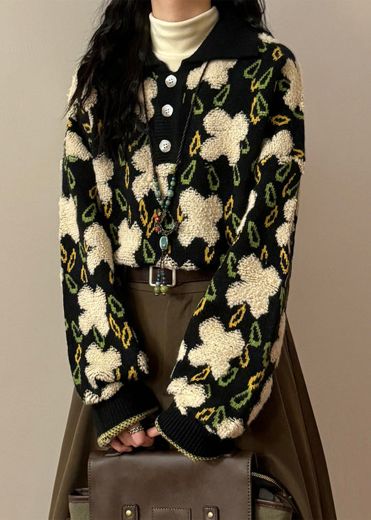 Jacquard Black Peter Pan Collar Button Cozy Knit Sweater Spring