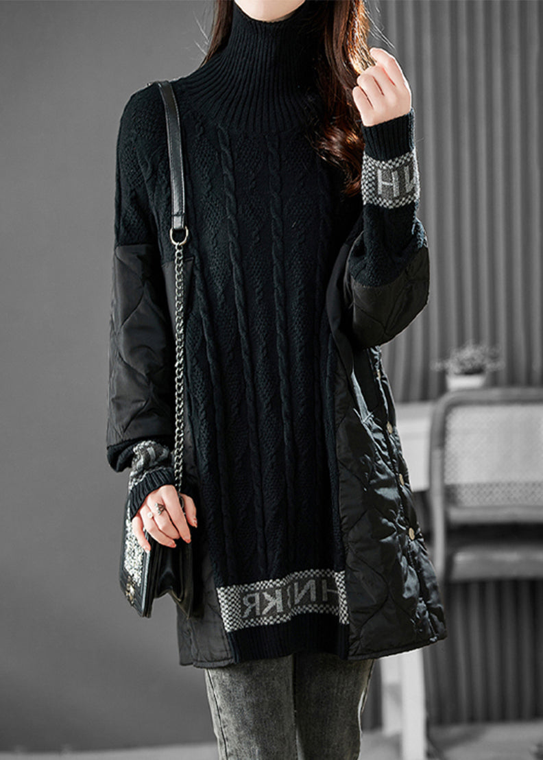 Jacquard Schwarz Rollkragen Patchwork Alphabet Taste Dicken Stricken Pullover