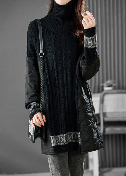 Jacquard Schwarz Rollkragen Patchwork Alphabet Taste Dicken Stricken Pullover