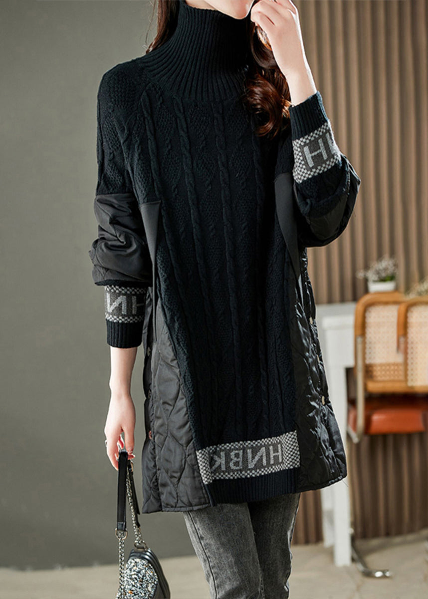 Jacquard Schwarz Rollkragen Patchwork Alphabet Taste Dicken Stricken Pullover