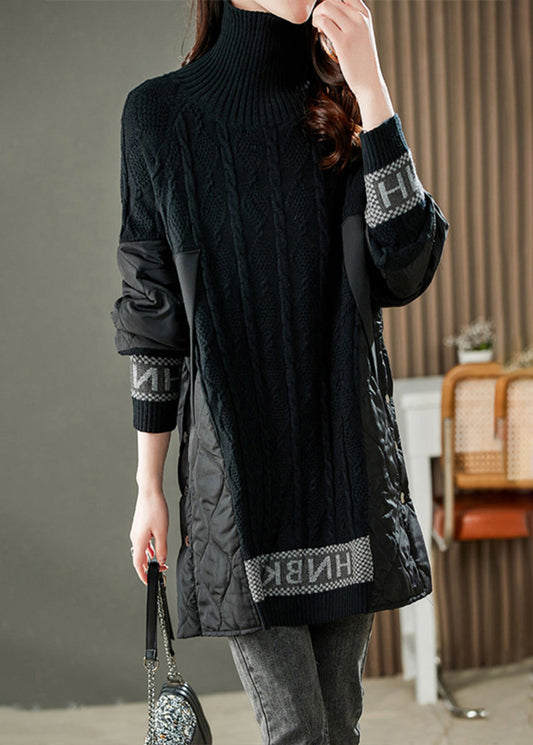 Jacquard Schwarz Rollkragen Patchwork Alphabet Taste Dicken Stricken Pullover