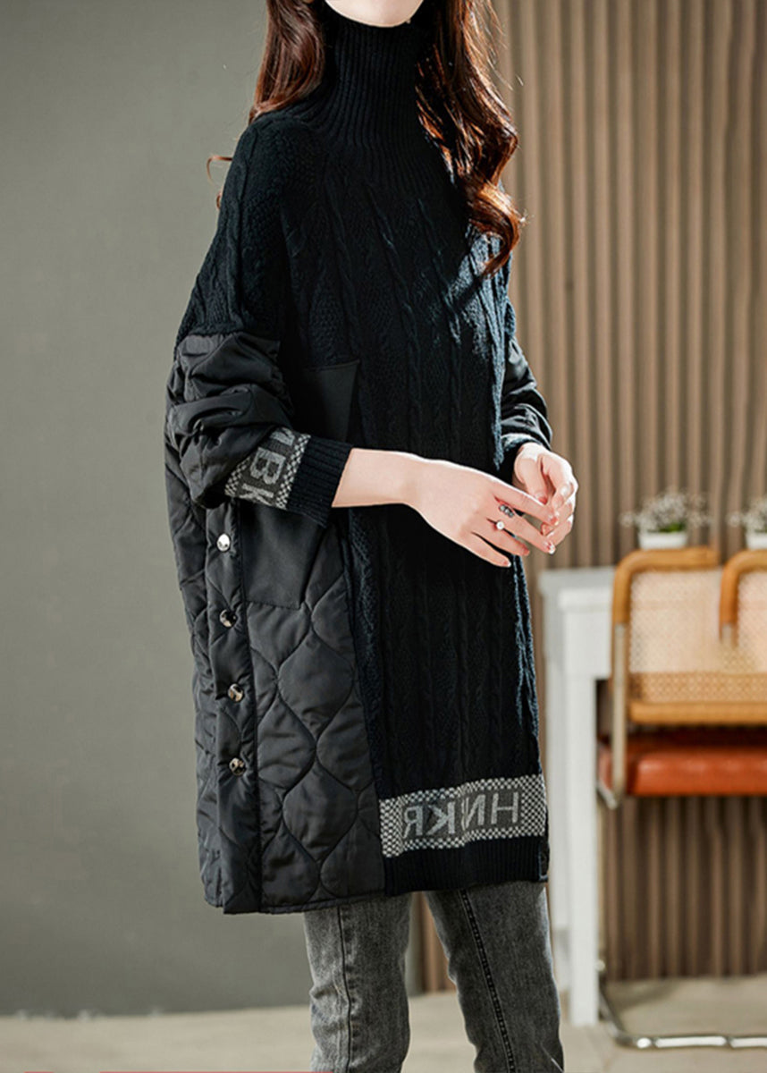 Jacquard Schwarz Rollkragen Patchwork Alphabet Taste Dicken Stricken Pullover