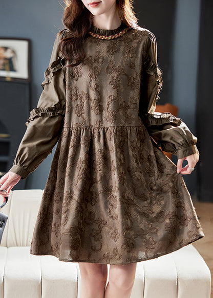 Jacquard-Kleid aus schwarzgrüner Baumwolle mit Rundhalsausschnitt und Rüschen-Patchwork-Muster für den Frühling