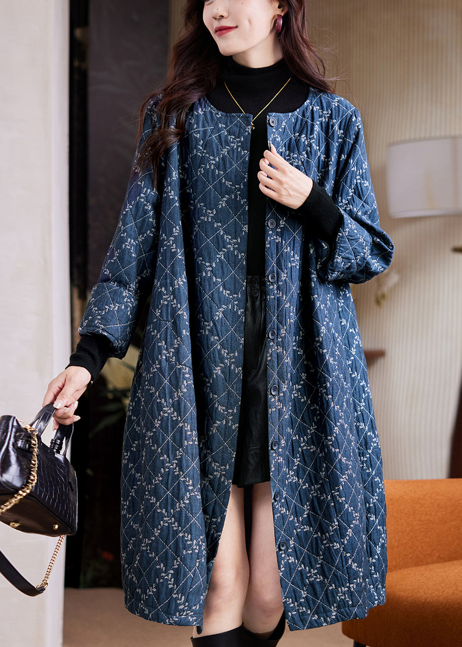 Jacquard Blue O Neck Plaid Button Cotton Long Coat Spring