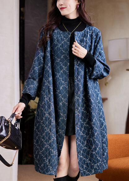 Jacquard Blue O Neck Plaid Button Cotton Long Coat Spring