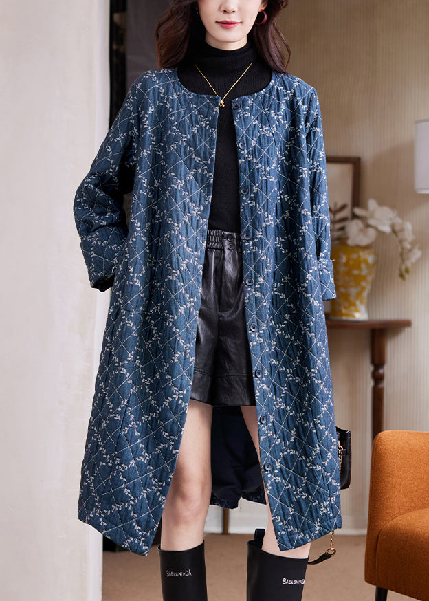 Jacquard Blue O Neck Plaid Button Cotton Long Coat Spring