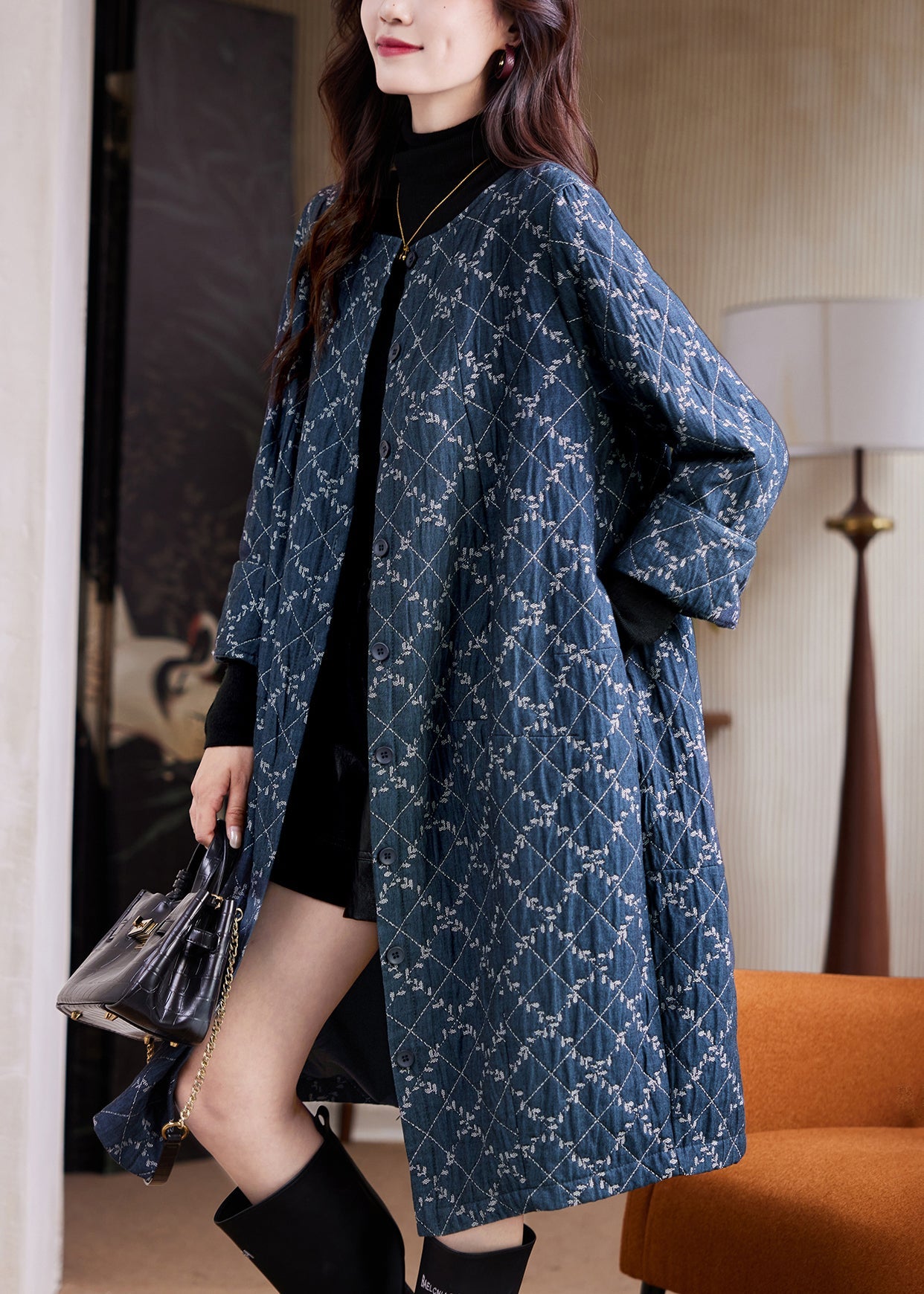 Jacquard Blue O Neck Plaid Button Cotton Long Coat Spring