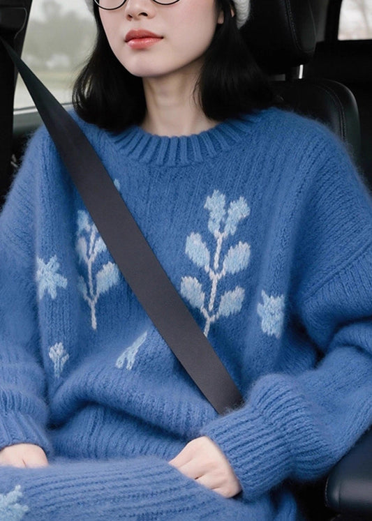 Jacquard-Pullover aus blau-weißem Patchwork-Baumwollstrick für den Frühling