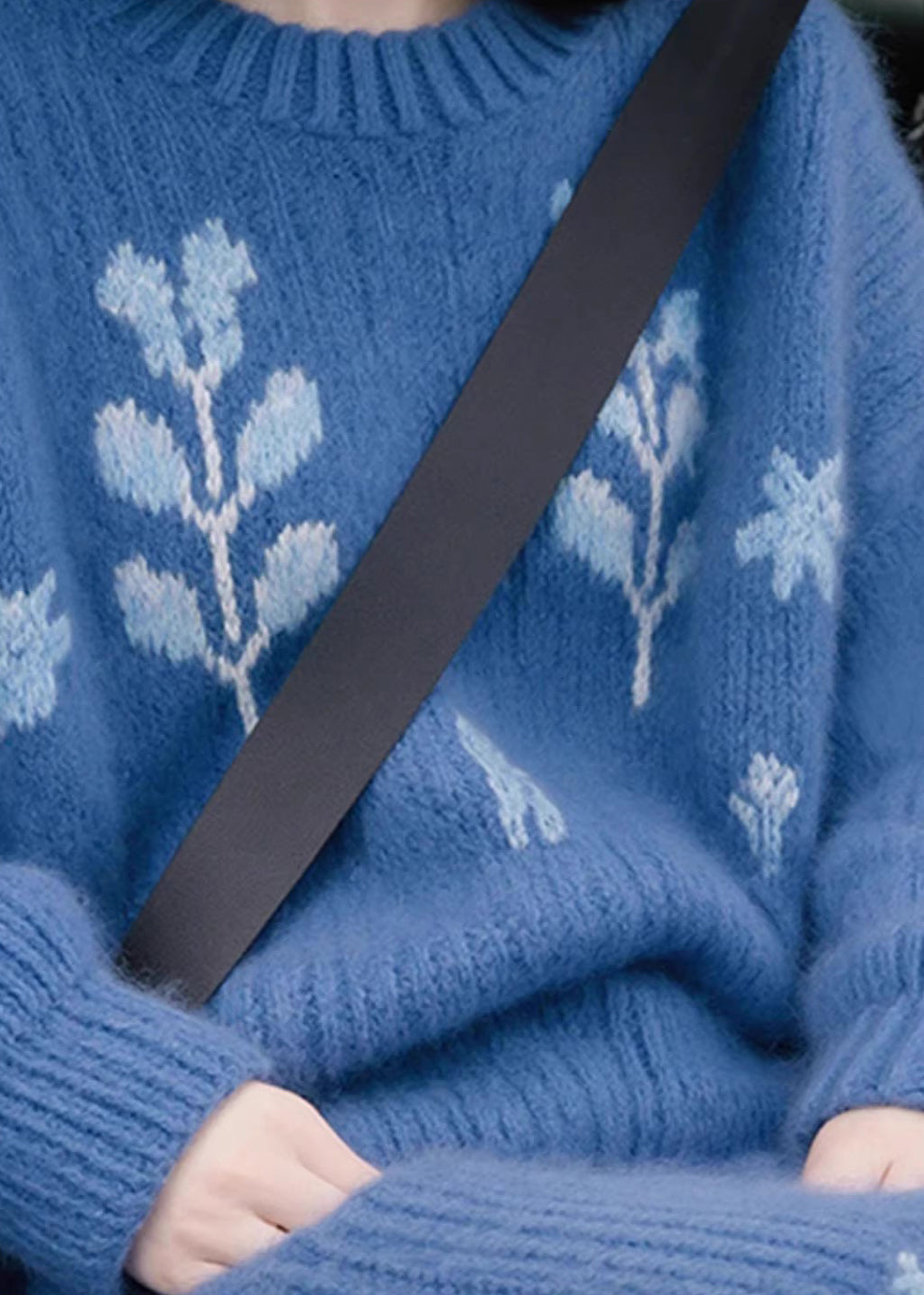 Suéteres de punto de algodón acogedores con patchwork azul jacquard primavera