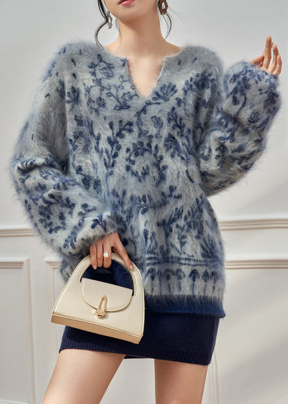 Jacquard-Strickpullover in Blau mit V-Ausschnitt, kuschelig, Winter