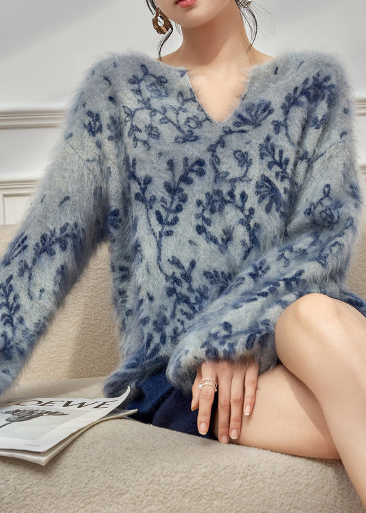 Jacquard Blue V Neck Cozy Knit Sweater Tops Winter