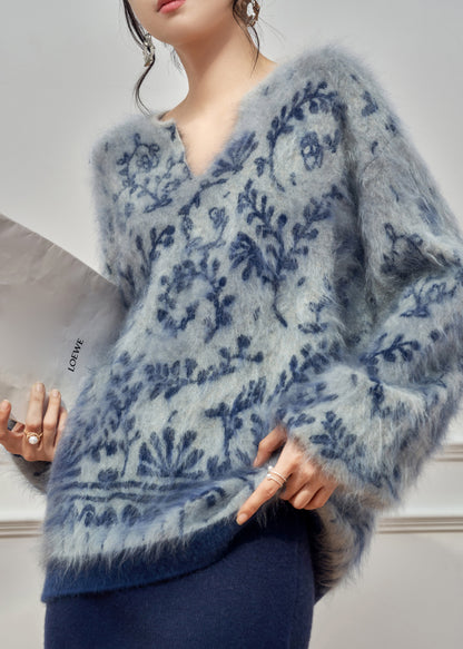 Jacquard-Strickpullover in Blau mit V-Ausschnitt, kuschelig, Winter