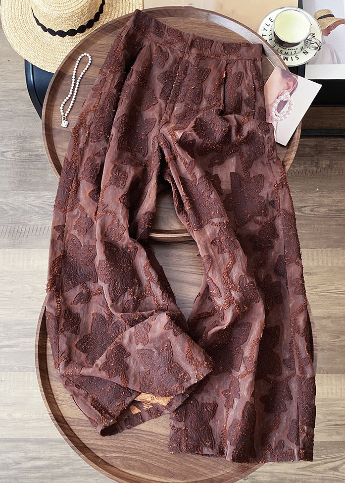 Pantalones de algodón de cintura alta con cremallera marrón jacquard para primavera