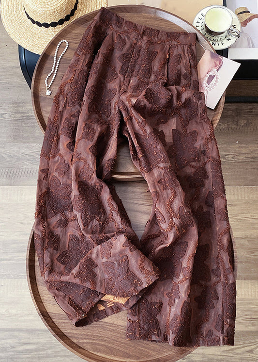 Pantalones de algodón de cintura alta con cremallera marrón jacquard para primavera