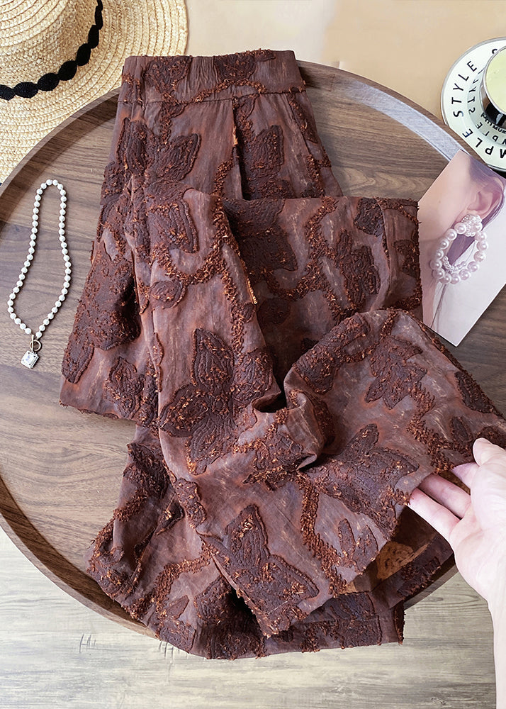 Pantalones de algodón de cintura alta con cremallera marrón jacquard para primavera