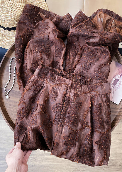 Pantalones de algodón de cintura alta con cremallera marrón jacquard para primavera