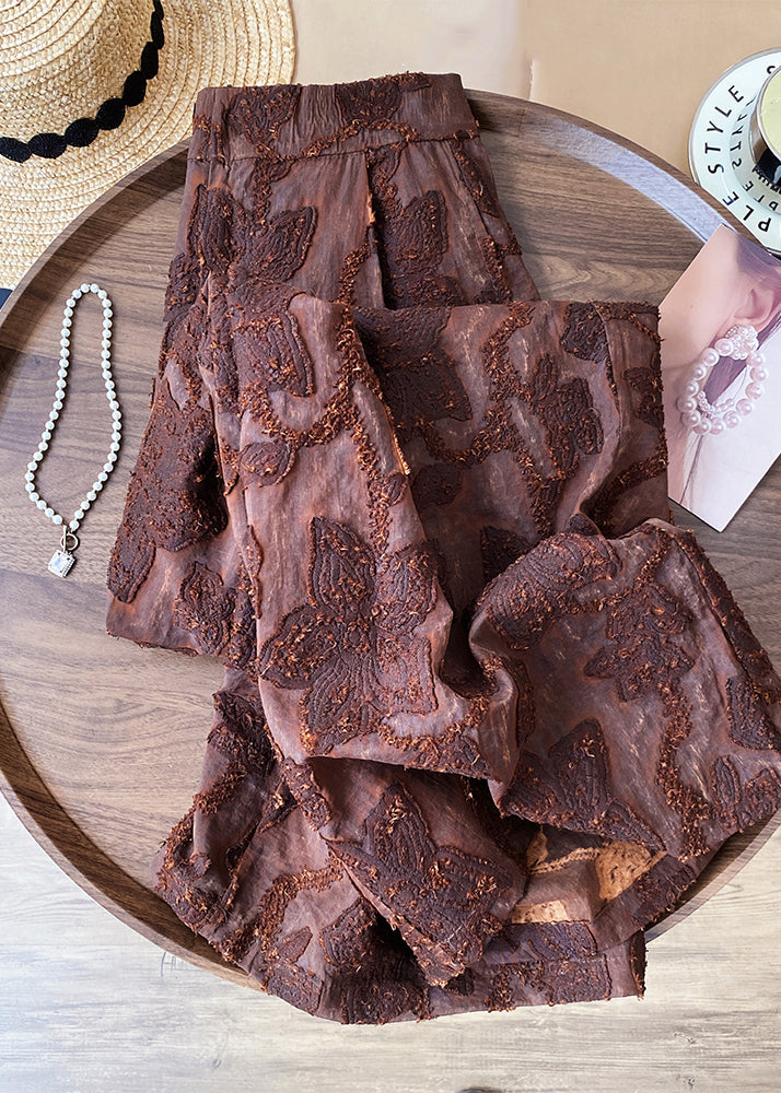 Pantalones de algodón de cintura alta con cremallera marrón jacquard para primavera