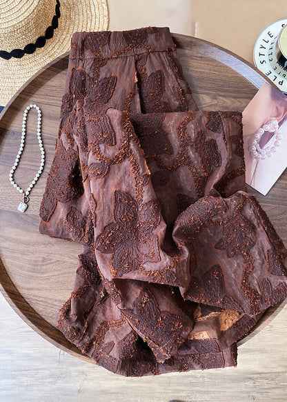 Pantalones de algodón de cintura alta con cremallera marrón jacquard para primavera