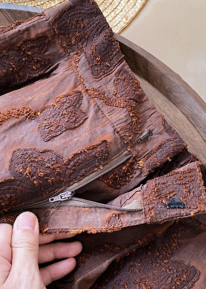 Pantalones de algodón de cintura alta con cremallera marrón jacquard para primavera