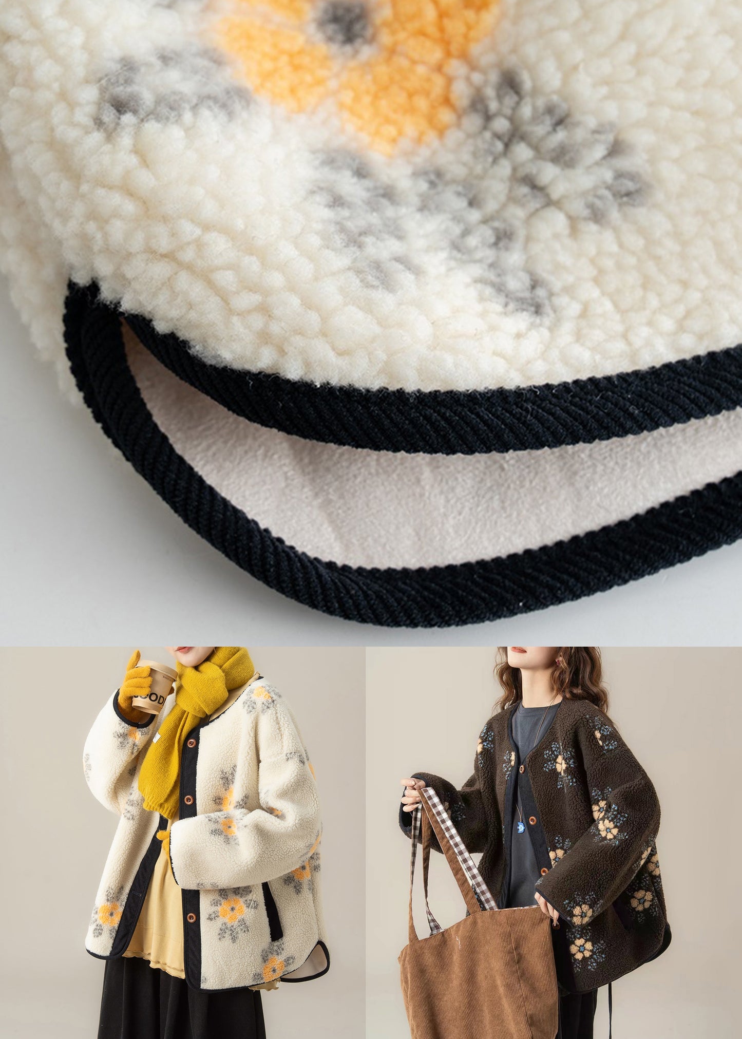 Zweiteiliges Winterset: Jacquard-Mantel mit Knöpfen in Kaffeebraun und graues Rüschen-T-Shirt