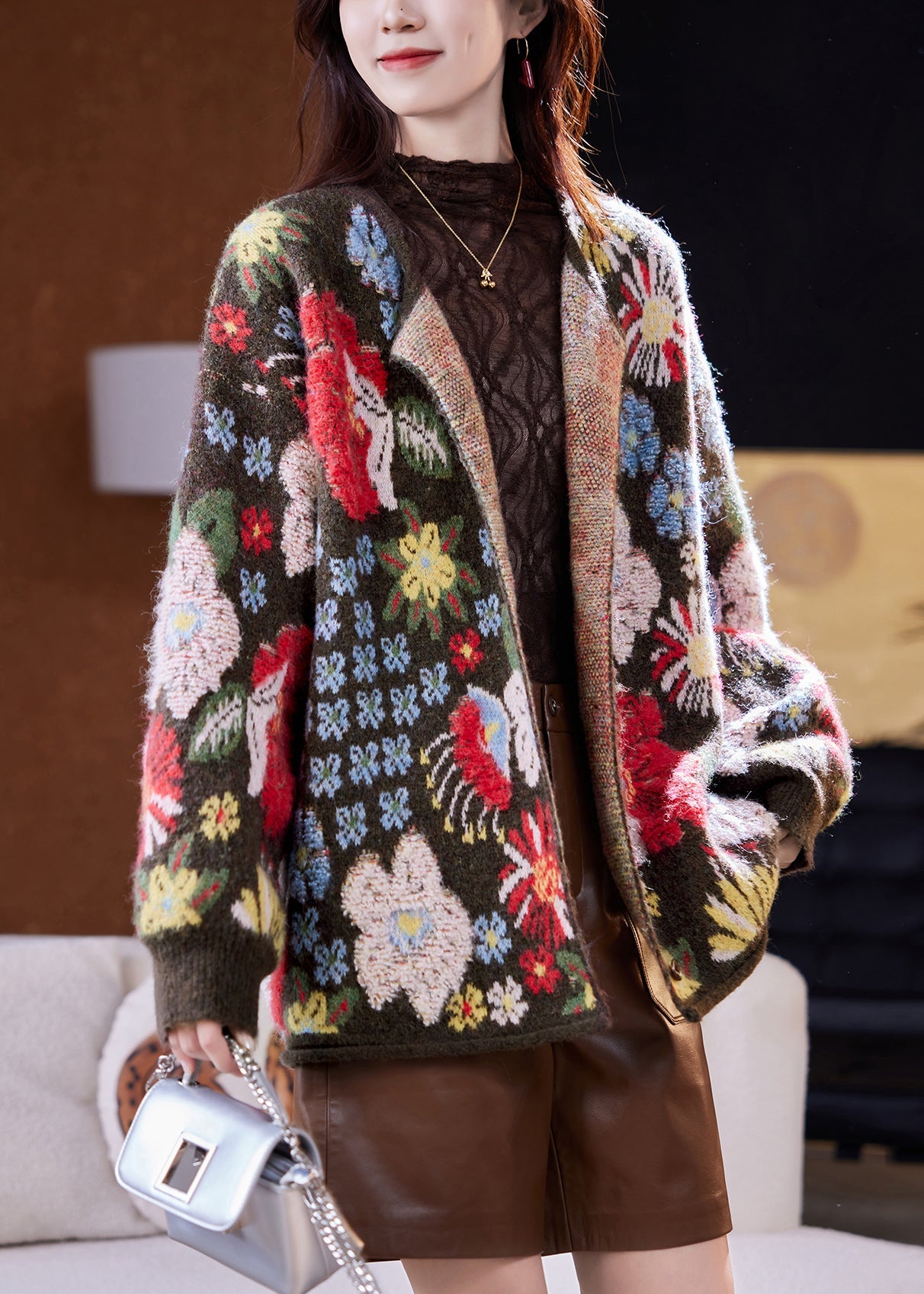 Jacquard Coffee O-Neck Button Patchwork Wool Knit Coat Spring