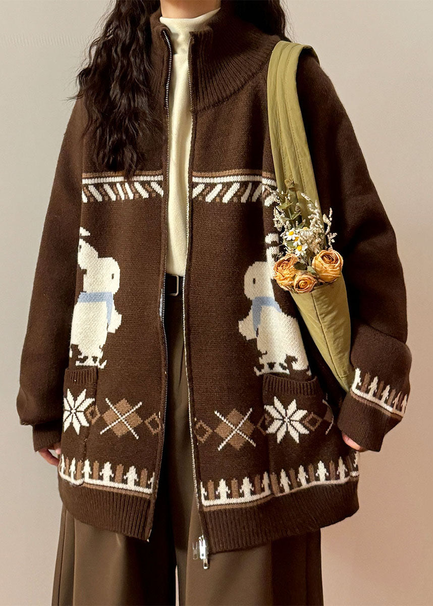 Jacquard Coffee Zip Up Pockets Knit Coats Spring