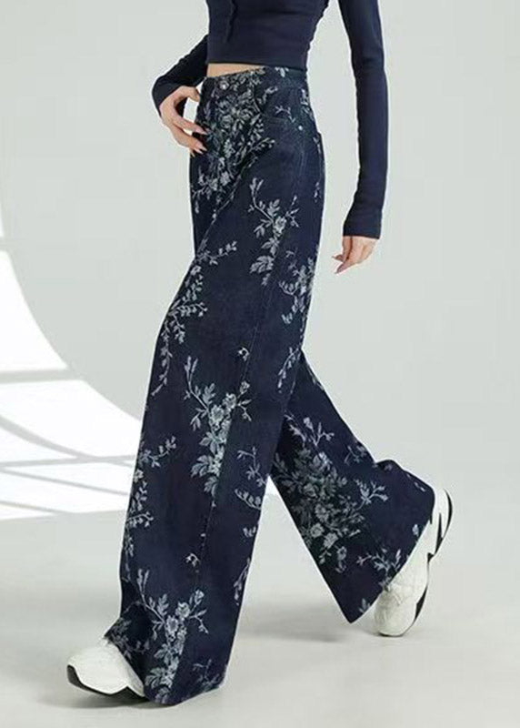Jacquard Dark Blue Pockets Print Wide Leg Jeans