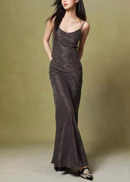 Jacquard Dark Gray Backless High Waist Cotton Spaghetti Strap Dress Sleeveless