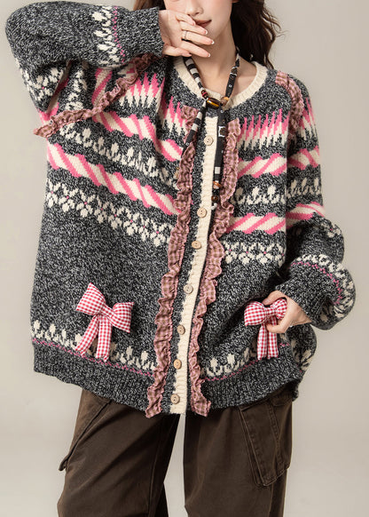 Jacquard-Strickmäntel in Dunkelgrau mit Rüschen und Schleifen-Patchwork für den Frühling