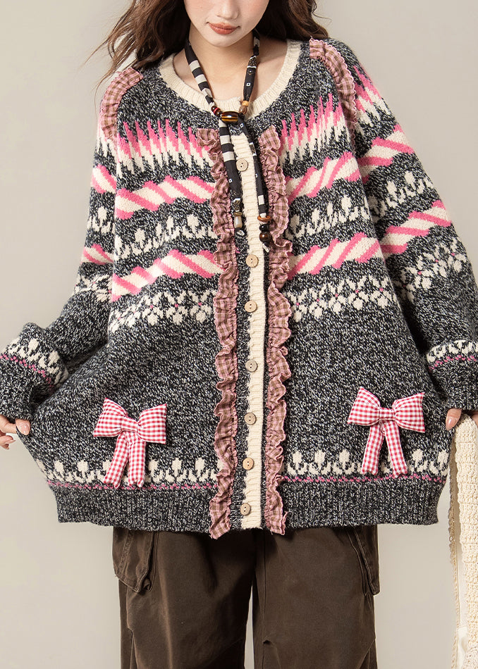 Jacquard-Strickmäntel in Dunkelgrau mit Rüschen und Schleifen-Patchwork für den Frühling