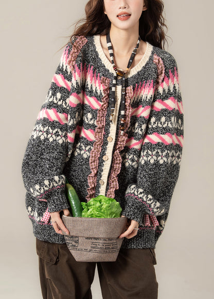 Jacquard-Strickmäntel in Dunkelgrau mit Rüschen und Schleifen-Patchwork für den Frühling