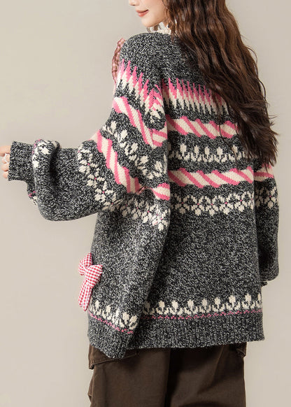 Jacquard-Strickmäntel in Dunkelgrau mit Rüschen und Schleifen-Patchwork für den Frühling