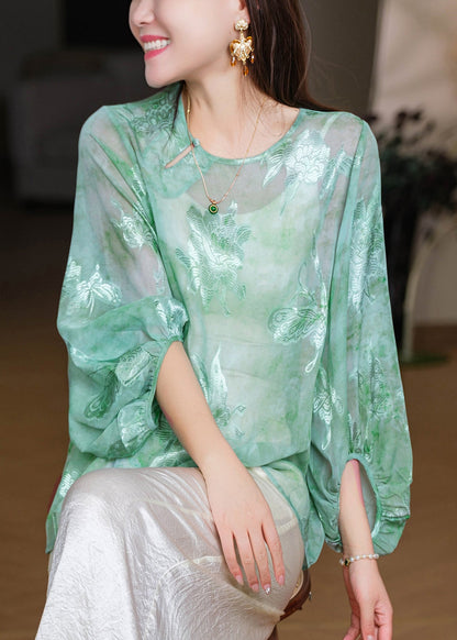 Jacquard Green O-Neck Shirt Lantern Sleeve