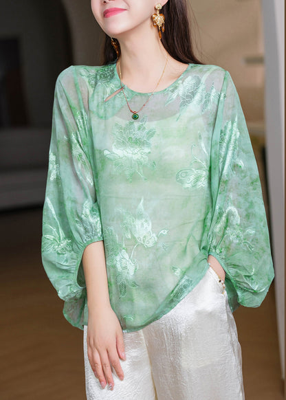 Jacquard Green O-Neck Shirt Lantern Sleeve