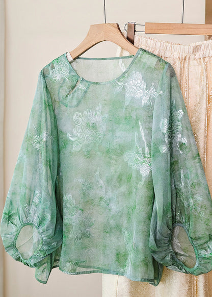 Jacquard Green O-Neck Shirt Lantern Sleeve