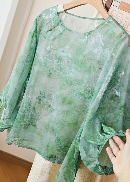 Jacquard Green O-Neck Shirt Lantern Sleeve