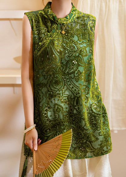 Jacquard Green Stand Collar Silk Velour Tops Sleeveless