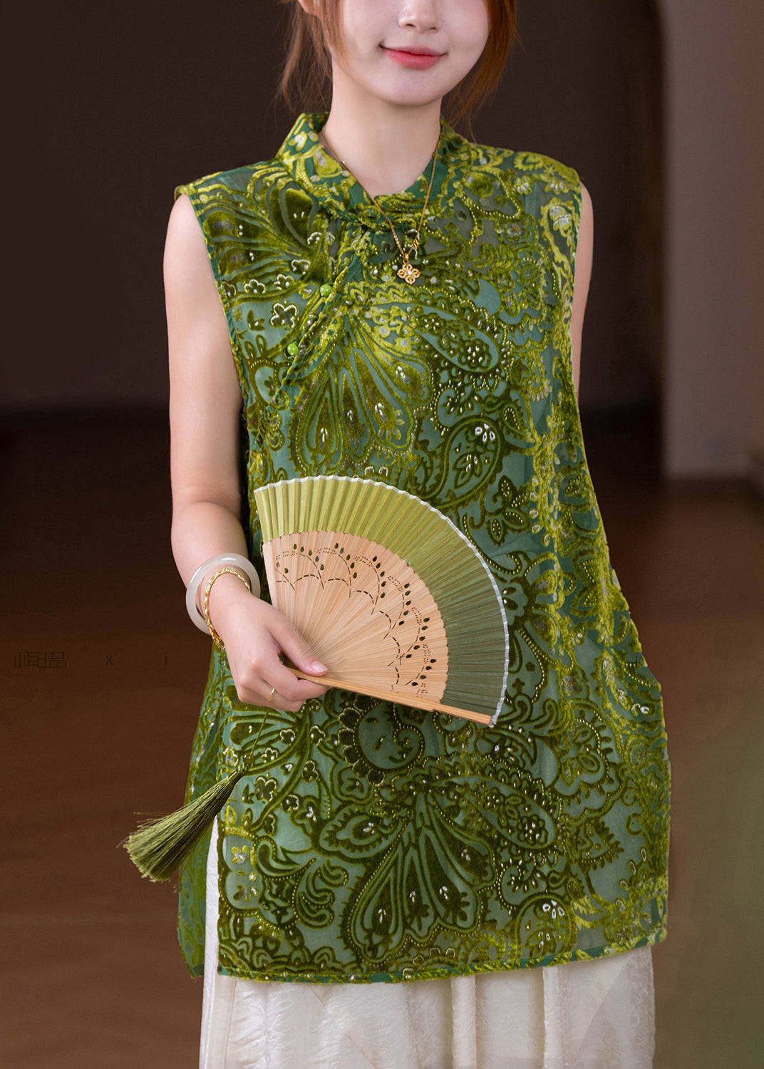 Jacquard Green Stand Collar Silk Velour Tops Sleeveless